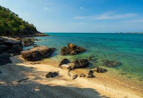 Landscape summer frontview panorama tropical seabeach rock blue sky white sand background calm Nature ocean Beautiful wave crash splashing water travel Khao Leam Ya National Park East thailand Exotic photo