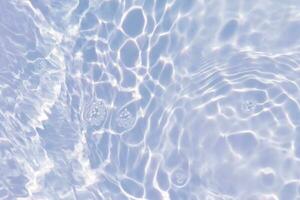 Blue water with ripples on the surface. Defocus blurred transparent blue colored clear calm water surface texture with splashes and bubbles. Water waves with shining pattern texture background. photo