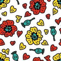 Summer seamless pattern with poppies, poppy boxes and petals. Perfect print for tee, paper, textile and fabric. vector