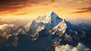 Awe-inspiring and breathtaking beauty of the Himalayas with sunlit clouds and misty peaks Orange color nature Ai Generative photo