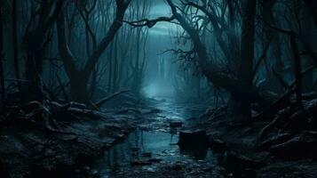Misty moonlight and dark creatures in a horror fantasy forest AI Generated photo