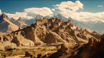 Otherworldly charm of Ladakh dramatic mountains, turquoise stone building from mountain photo
