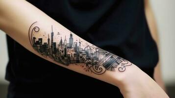 Beautiful City Pulse A Bold and Energetic Tattoo of Fluid Lines and Urban Shapes on the hand AI Generated photo