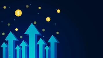 Up arrow with dollar coins background. Business growing up to success goals, interest rate and dividend concept. Vector illustration.