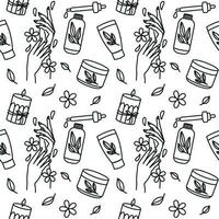 Hand care, natural oils and serums for skin care. Spa salon, relaxing. Seamless pattern with line design. Vector. vector