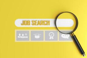 Job search and employment. magnifying glass on yellow background with new job search. concept of career search and recruitment. photo