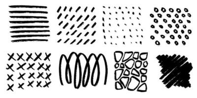 Abstract geometric patterns design with straight brush stroke, dots and bold lines. Hand drawn dry brush textures. Dashes, thin and thick lines. Grunge vector backgrounds. Simple geometric shapes.