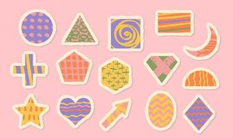 Set with paper cut pieces. Different shapes decorated by hand drawn rough textures. Creative fun collage sticker elements collection. Vector illustration.