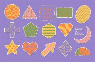 Collage paper elements set in different shapes, colours and textures. Trendy vintage hand drawn vector illustration.