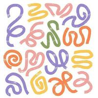 Set of colorful bold curved lines with loops isolated on white. Hand drawn rough grunge wavy and swirled brush strokes. Simple childish vector scribbles and squiggles. Creative y2k trendy style design