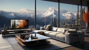 3d representación de un moderno vivo habitación con un montaña vista. generativo ai foto