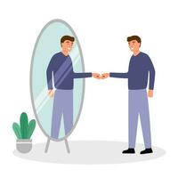 Get to know yourself better concept vector illustration. Man greeting himself in the mirror in flat design on white background.