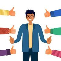 People approval praise happy businessman. Male manager or employee proud of himself and confident. Happiness positive person. You did great. Good job. vector