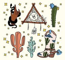 wild western dark boho design elements with a dreamcatcher, cowboy boots and cacti. vector