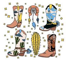 set of cowgirl boots with a witchy western theme collection. vector