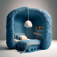 Ai generated, graphic, mockup, isometric view of cute sleeping corner, bedroom in wool weaving, knitting materials texture, nice decoration, cartoon animation, Toy kids style photo