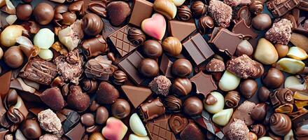 , , Top view stack pile of various kind of colorful chocolate cacao candies, mixed flavor, bitter and milk and dark, bonbon, with copy space, world chocolate day concept photo