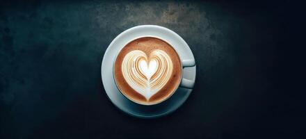 , , directly above a coffee cup assortment with creative foam art, cappuccino, mocha, latte with frothy foam, hot coffee, milk foam, flat lay in dark background photo