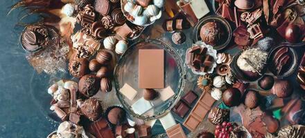 Ai Generated, Generative Ai, Top view various kind of chocolate cacao candies mixed flavor luxury glass plate, crystal tray, in fancy background with copy space, world chocolate day concept photo