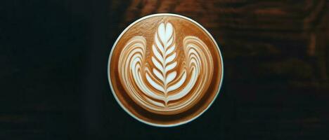 Ai generated, generative Ai, directly above a coffee cup assortment with creative foam art, cappuccino, mocha, latte with frothy foam, hot coffee, milk foam, flat lay in dark background photo