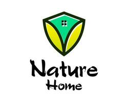Real estate house symbol and leaf nature health logo design. vector