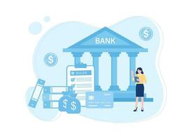 banco trabajador con crédito tarjeta y monedas en frente de banco edificio concepto plano ilustración vector