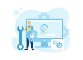 IT support is repairing the computer software installation process concept flat illustration vector