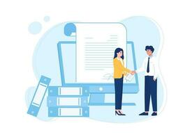 Two people shaking hands with contract signature paper concept flat illustration vector