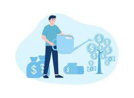 A man watering a coin tree with a bag of money concept flat illustration vector