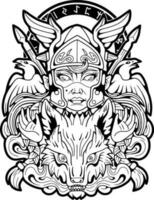 mythological scandinavian valkyrie, outline illustration design vector