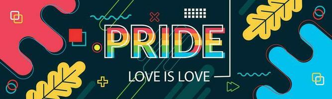 Pride Love banner with modern retro abstract background design. Colorful Rainbow LGBT rights campaign. Lesbians, gays, bisexuals, transgenders, queer. Raised fists. vector