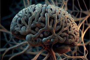 Human brain against background of neural connections, nerves, impulses. photo