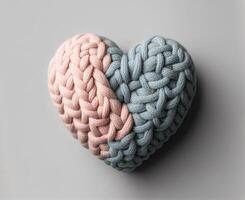 Knitted pink and gray heart. Valentines day background. Generative AI photo