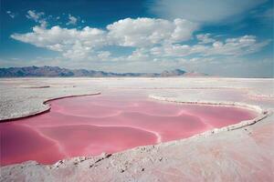 Pink salty lake in white salt desert, blue sky, landscape background. Generative AI photo