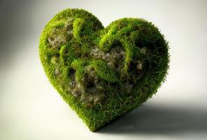 Volumetric green heart made of moss on white background, eco art. Generative AI photo