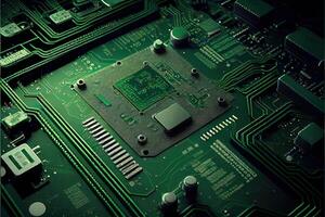 Green electronic circuit board. Motherboard the device of PC. abstract technology background. Generative AI photo