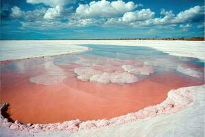 Pink salty lake beach from white salt, blue sky, beautiful unusual landscape. Generative AI photo