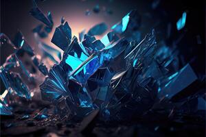 Dark blue broken glass, fragments close-up, abstract background. photo