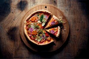 Digital drawing pizza served on wooden background top view. photo