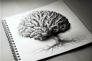 cerebro árbol - lápiz bosquejo en blanco sábana de papel ai generado foto