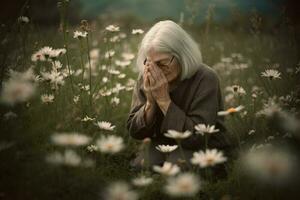 Woman praying field flowers. Generate Ai photo