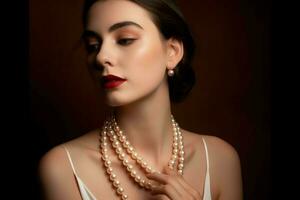 Woman pearls new jewelry. Generate Ai photo