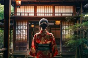 Japanese woman kimono house. Generate Ai photo