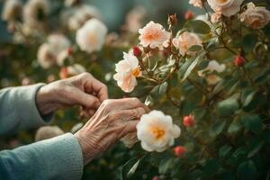 rosas arbusto manos. generar ai foto