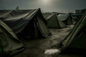 Refugee camp tents poverty. Generate Ai photo