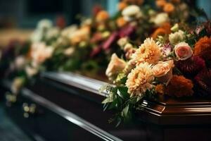 Coffin flowers funeral. Generate Ai photo