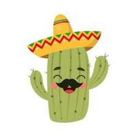 Cute cactus with happy face and sombrero, cartoon vector illustration