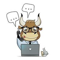 Cute bull works in the office with a laptop. Cartoon bull answers calls and messages. Vector illustration