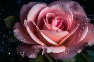 Rose pink drops closeup. Generate Ai photo