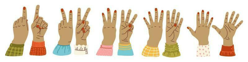 Hands count, counting on the fingers Hand gesture vector illustration isolated. Numbers on the hands. Hand smudge. different nationalities races Diverse society Cartoon style